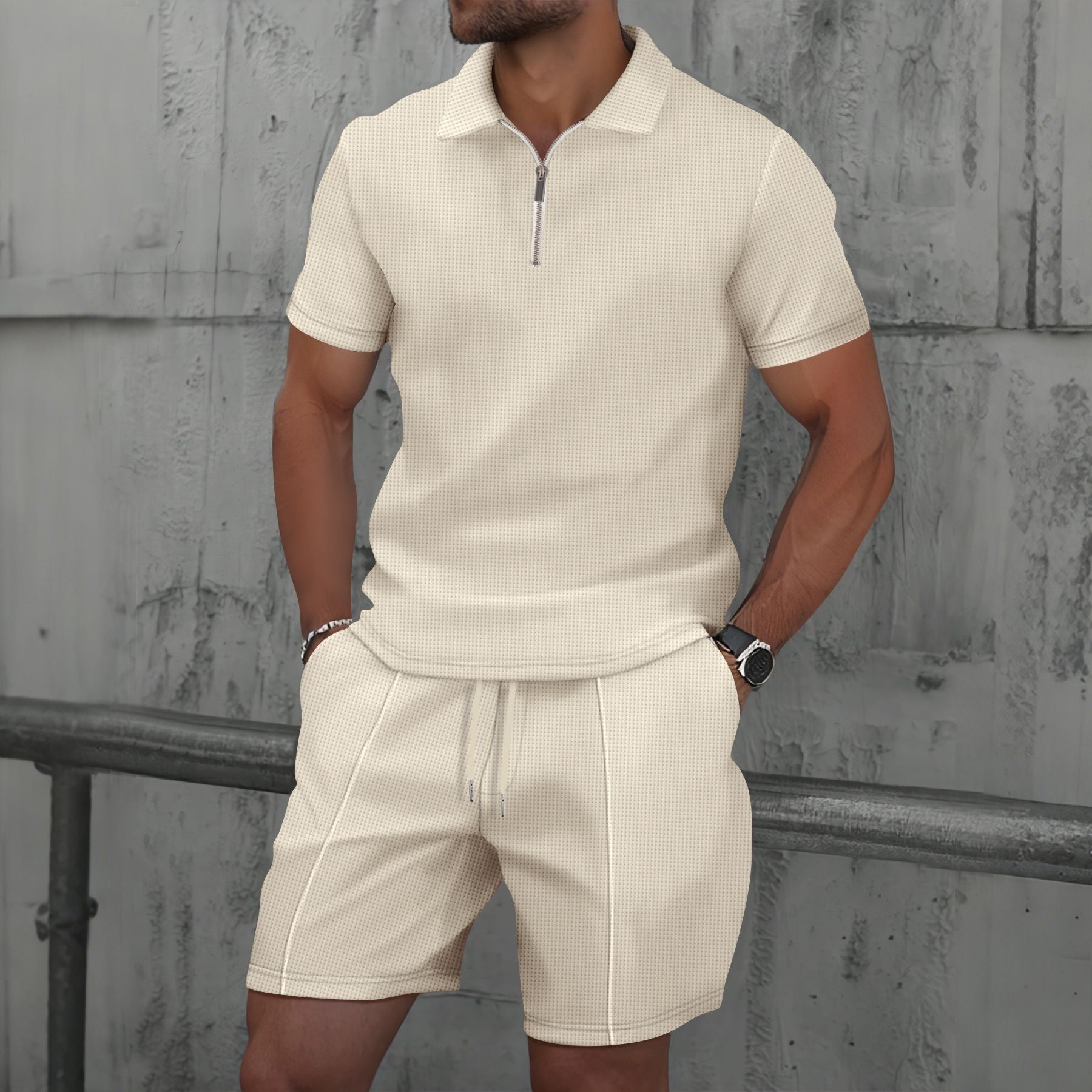 Mens Waffle Lapel T-Shirt and Shorts Khaki XL