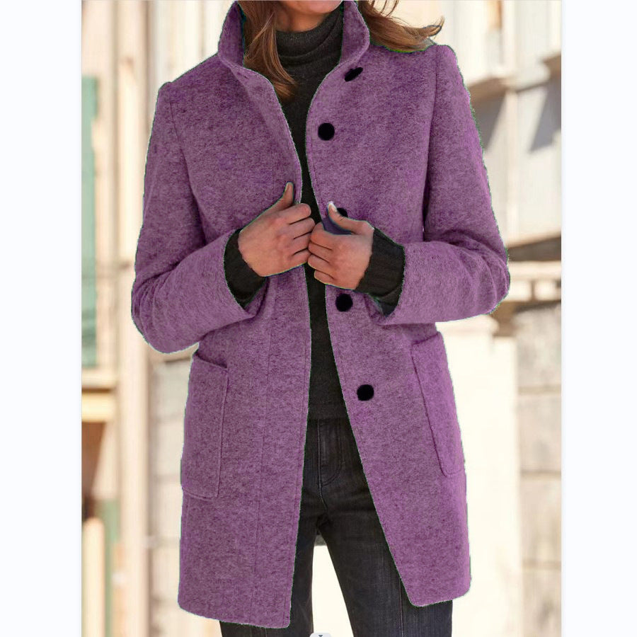 Women's Stand Collar Woolen Coat with Pockets