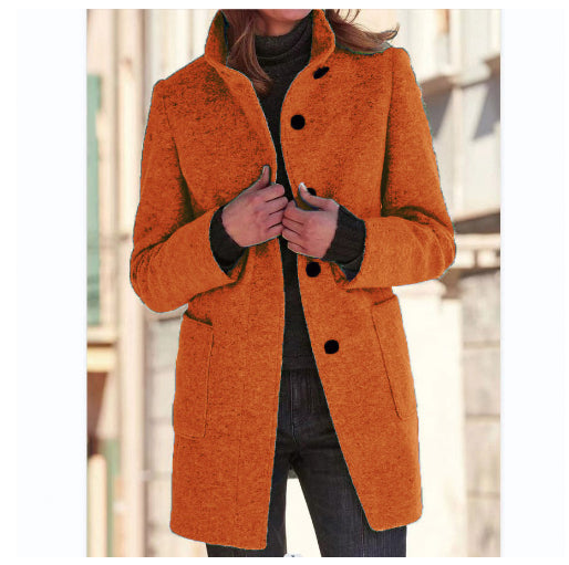 Women's Stand Collar Woolen Coat with Pockets