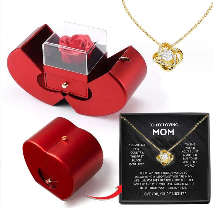 Red Apple Rose Jewelry Box - Eternal Flower Necklace Gift Set