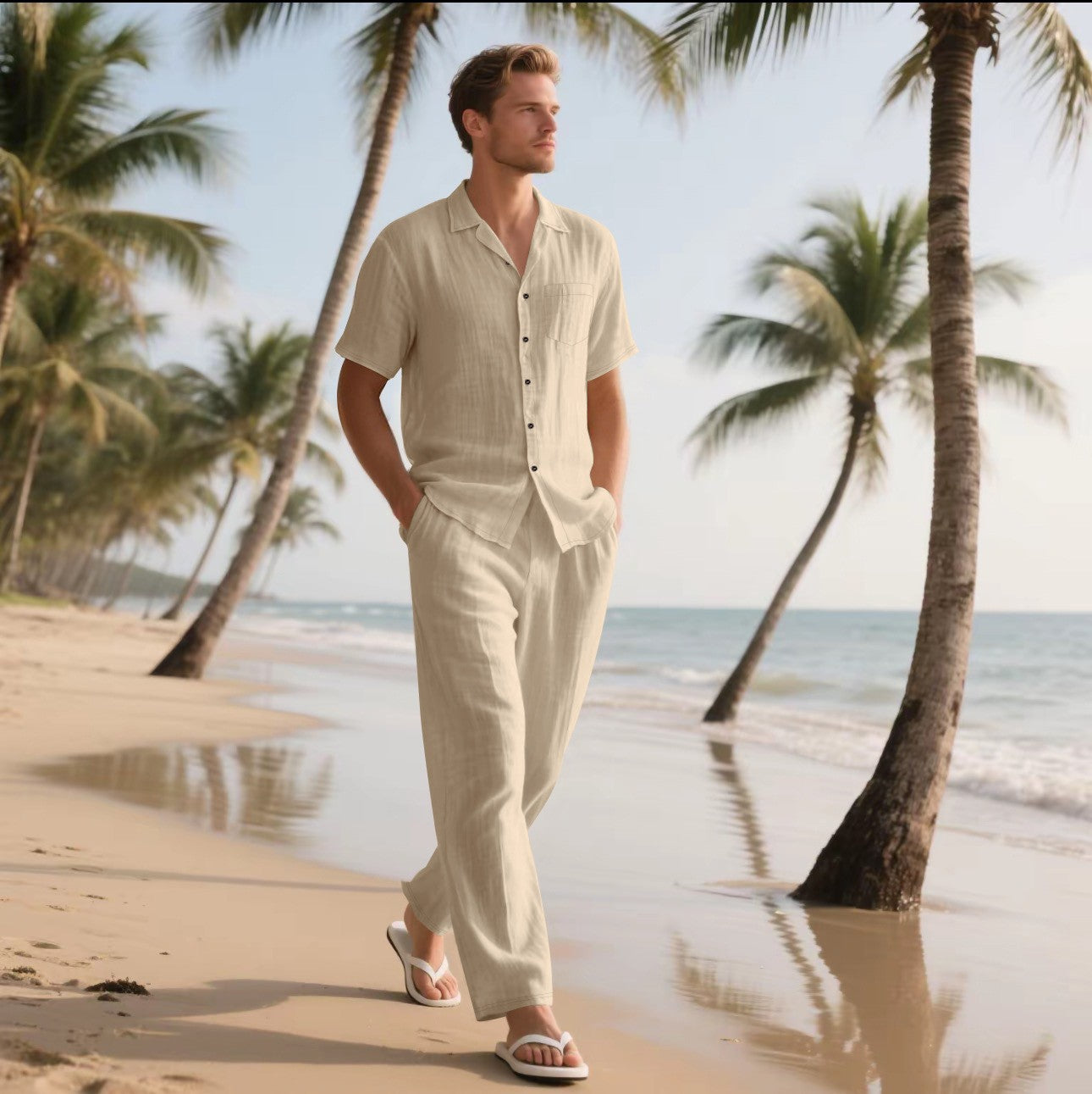 Men's Linen Short Sleeve Shirt and Trousers Set Khaki S