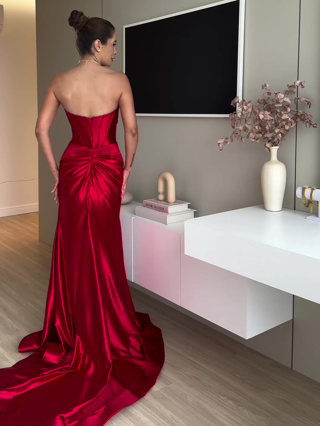 Red Tube Top Slit Evening Dress