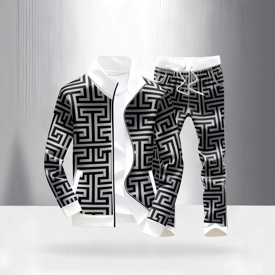 Men's Printed Zipper Jacket and Trousers Set