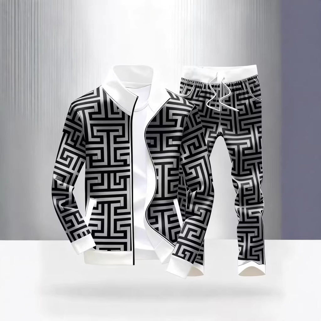 Men's Printed Zipper Jacket and Trousers Set