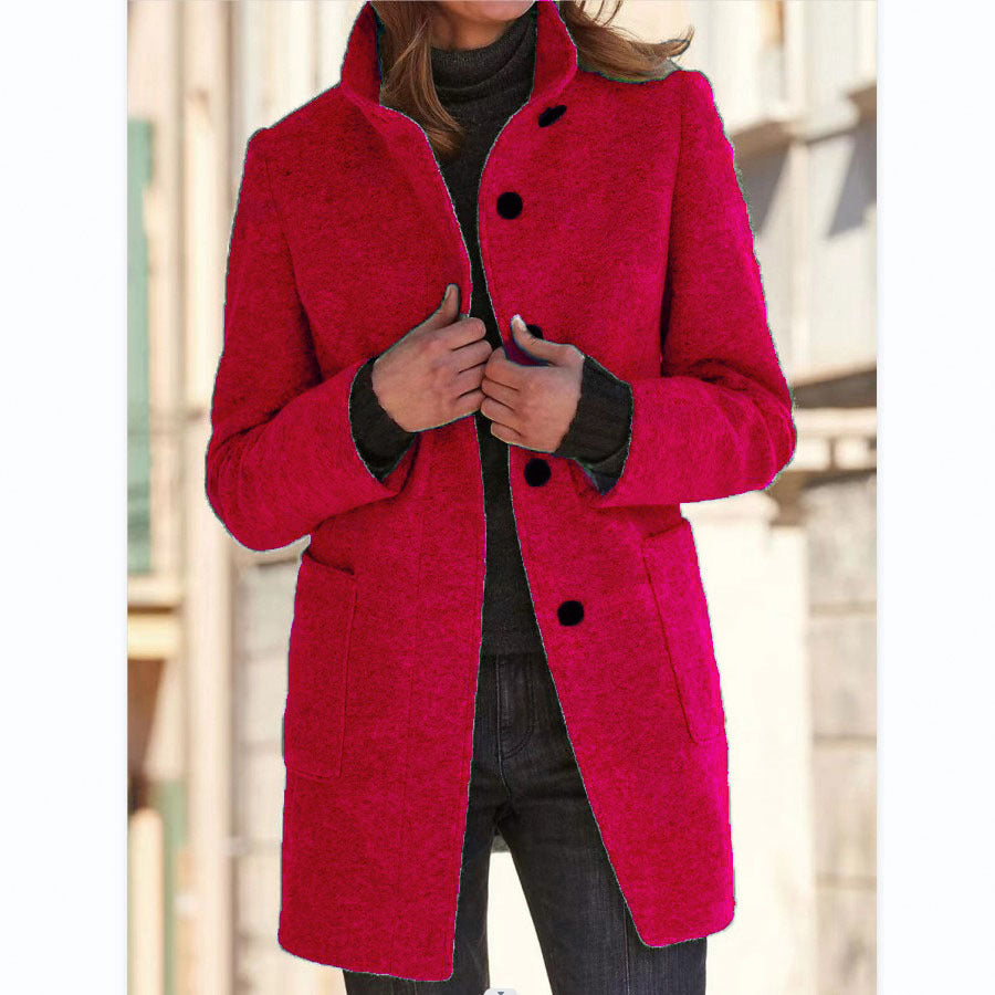 Women's Stand Collar Woolen Coat with Pockets