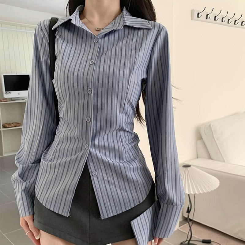Women's Chenille Striped Polo Blouse