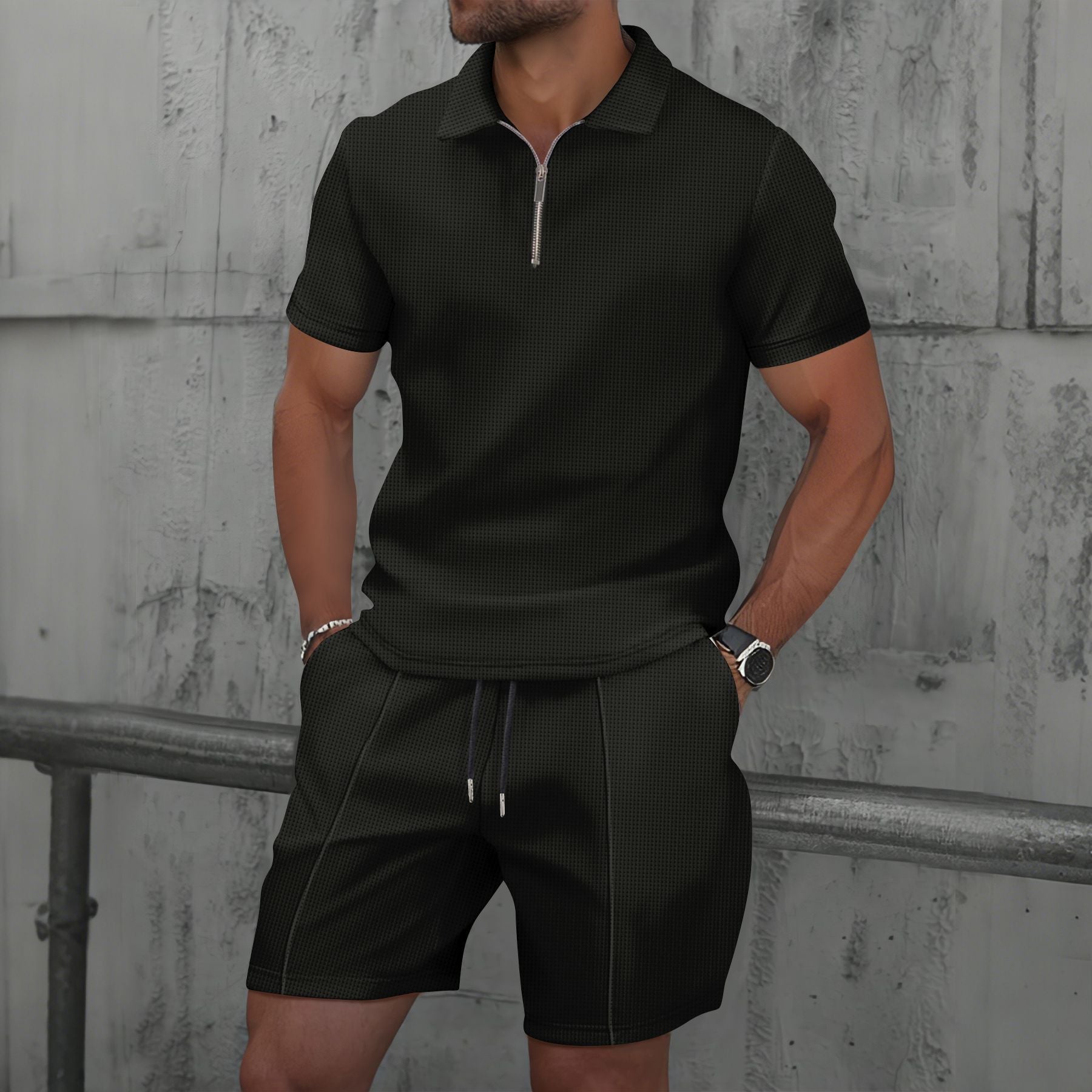 Mens Waffle Lapel T-Shirt and Shorts Black XL