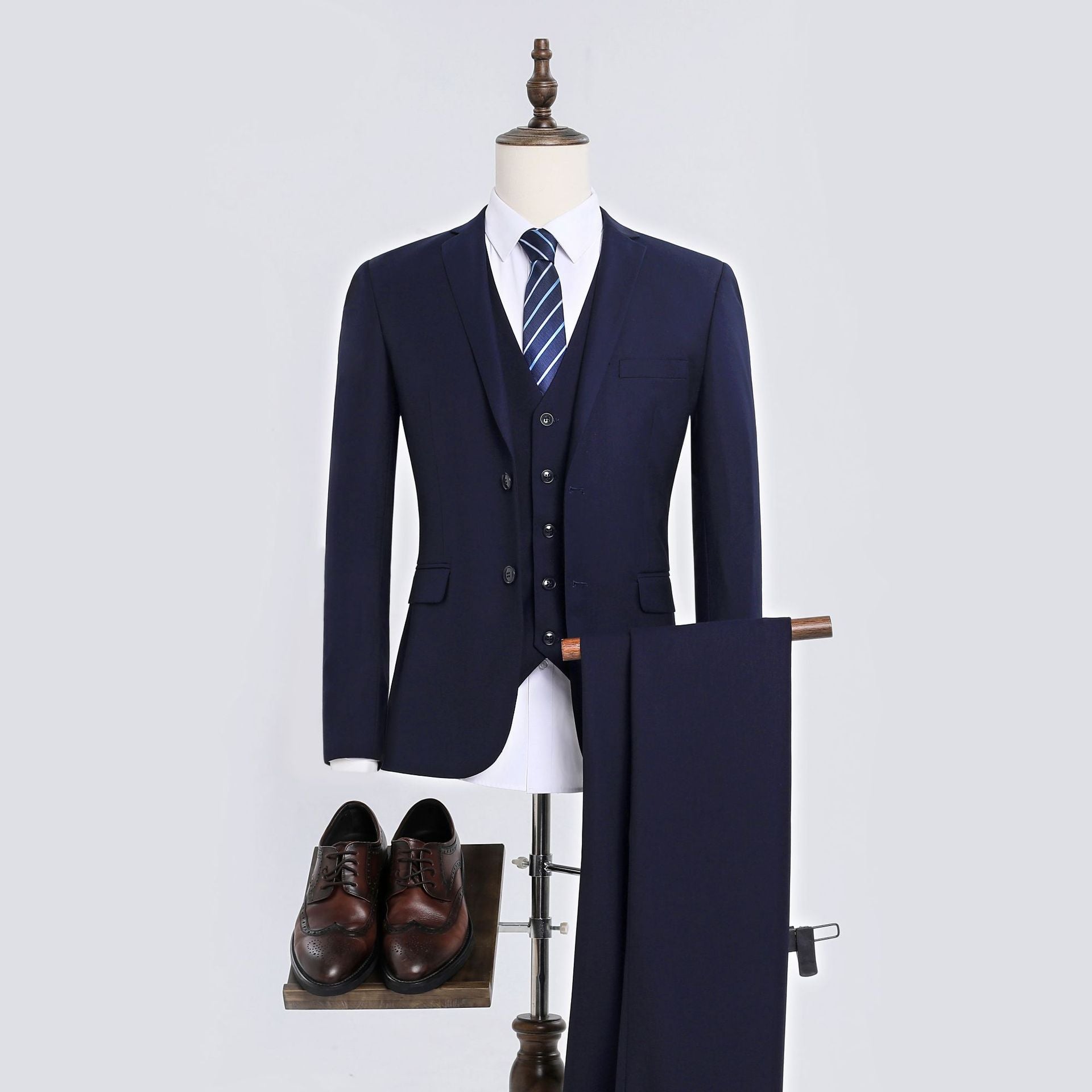 Men's Korean-Style Slim Fit Three-Piece Suit – Acetate Blend Navy 2-Button Suit Vest Trousers 5XL