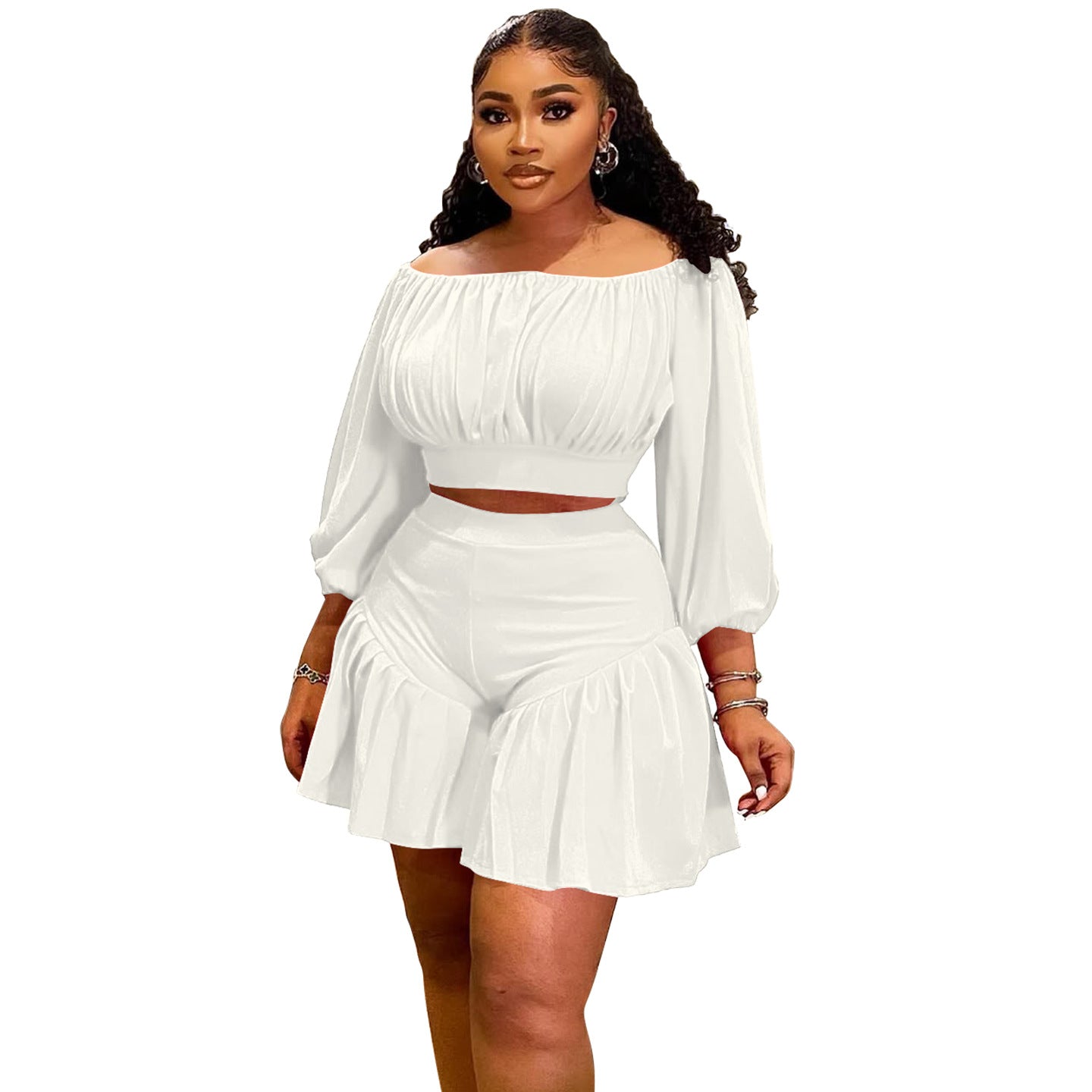 Plus-Size Off-Shoulder Pleated Two-Piece Set | 8 Colors