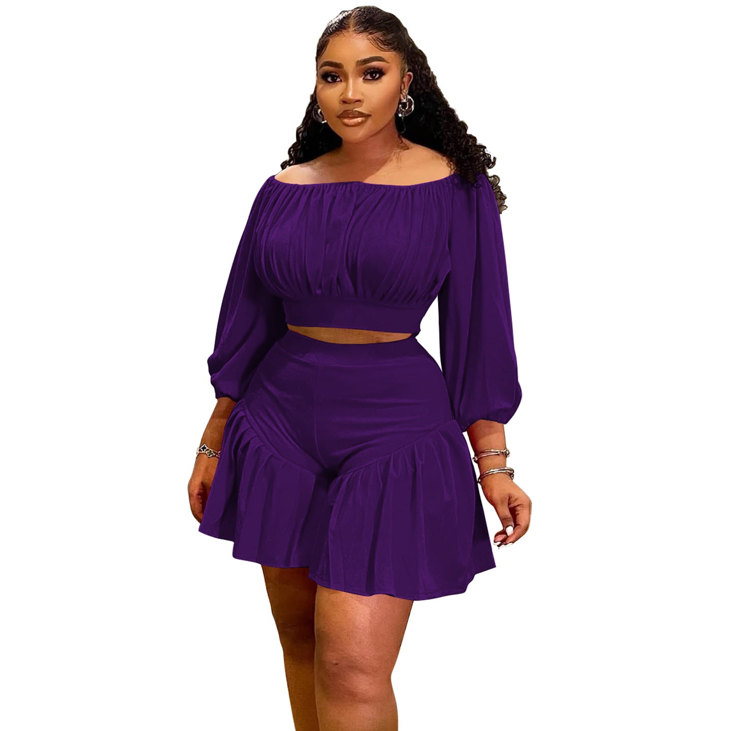 Plus-Size Off-Shoulder Pleated Two-Piece Set | 8 Colors