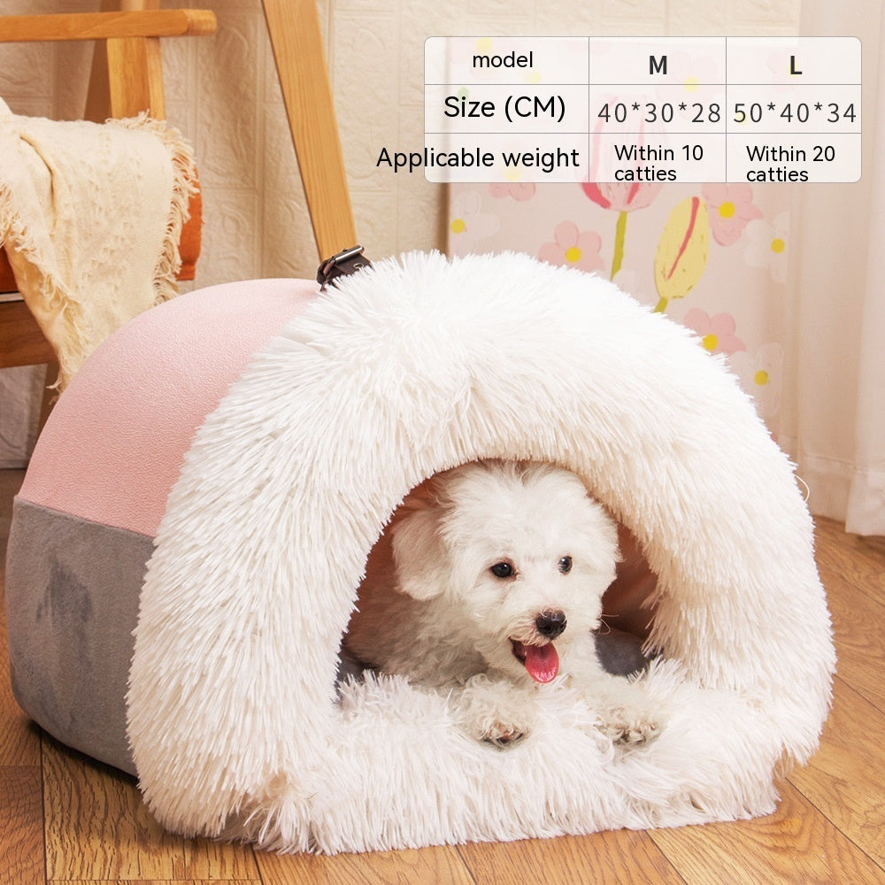 Portable Warm Pet Nest - Long Fur Winter Bed for Dogs & Cats