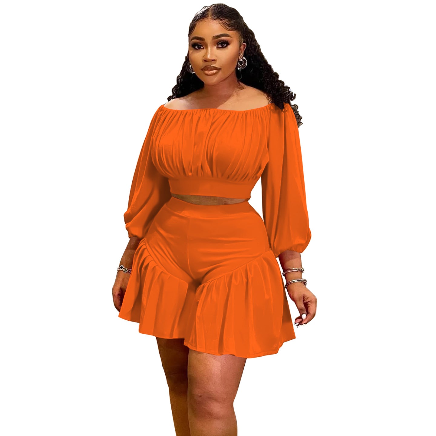 Plus-Size Off-Shoulder Pleated Two-Piece Set | 8 Colors