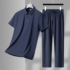 Men's Ice Silk Polo & Trousers Set – Stretch Comfort Navy Blue 165 M