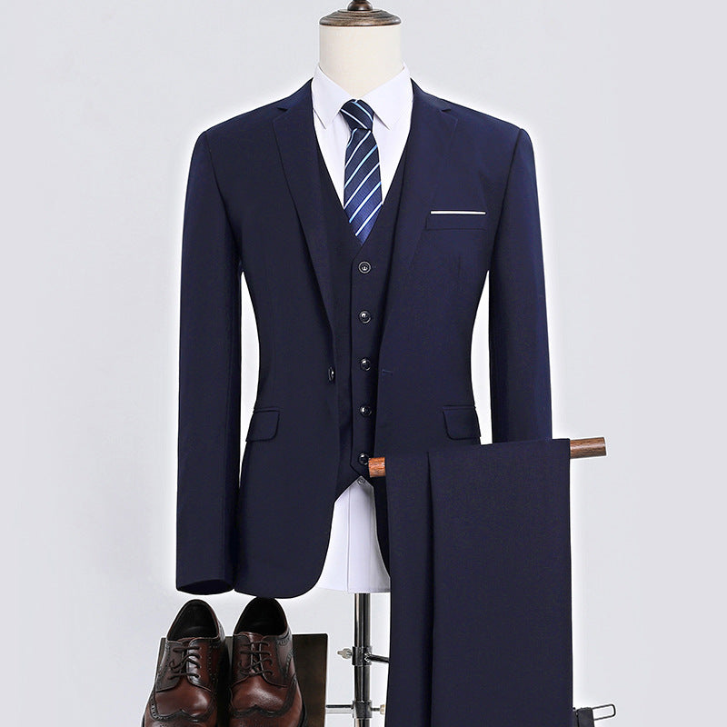 Men's Korean-Style Slim Fit Three-Piece Suit – Acetate Blend Navy 1-Button Suit Shirt Trousers L