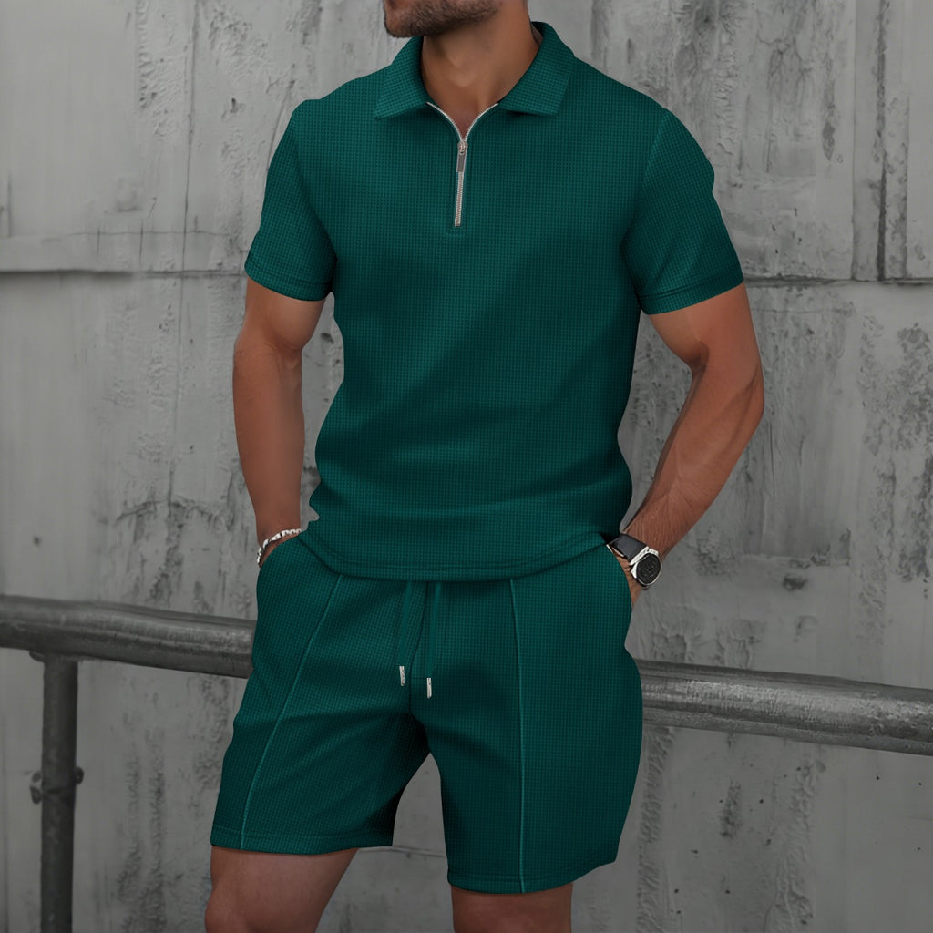 Mens Waffle Lapel T-Shirt and Shorts