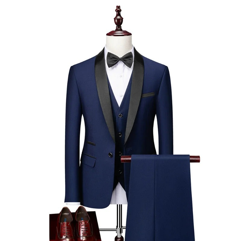 Men's Slim Fit Three-Piece Casual Suit – One-Button, 13 Colors Navy blue US Size S Asian XL