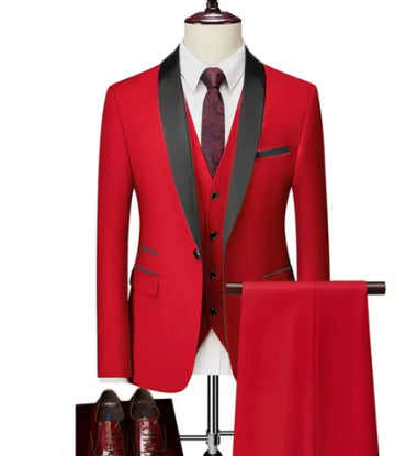 Men's Slim Fit Three-Piece Casual Suit – One-Button, 13 Colors Red US Size XXXL Asian 6XL