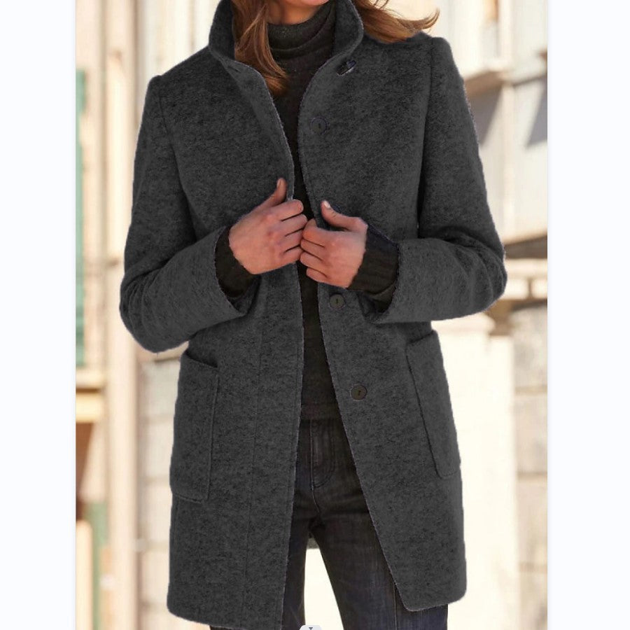 Women's Stand Collar Woolen Coat with Pockets