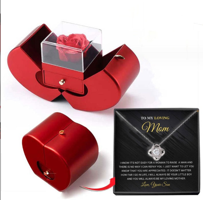 Red Apple Rose Jewelry Box - Eternal Flower Necklace Gift Set