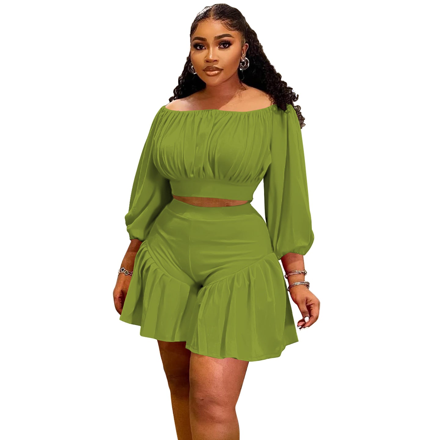 Plus-Size Off-Shoulder Pleated Two-Piece Set | 8 Colors