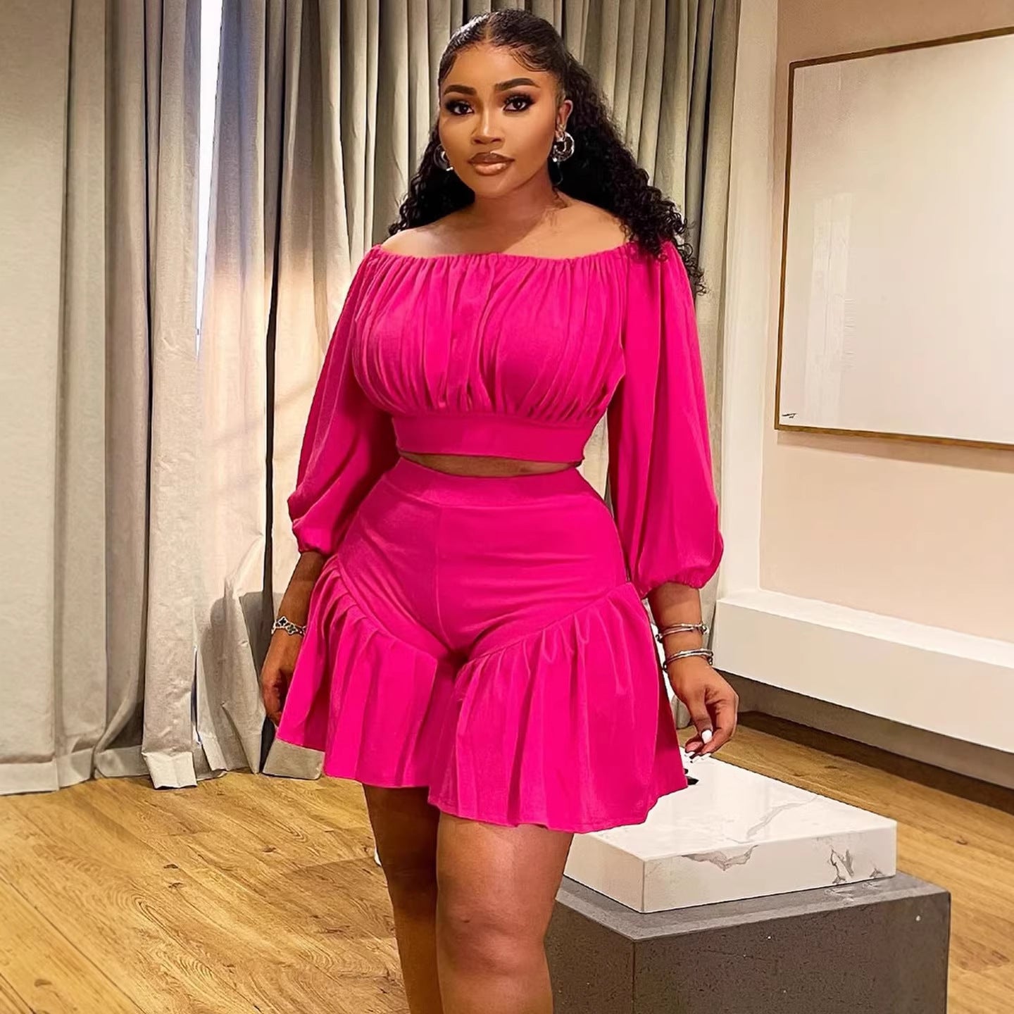 Plus-Size Off-Shoulder Pleated Two-Piece Set | 8 Colors