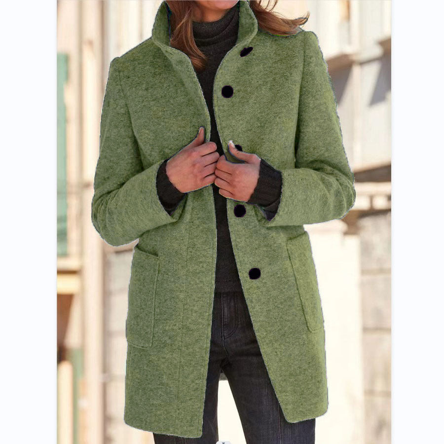 Women's Stand Collar Woolen Coat with Pockets