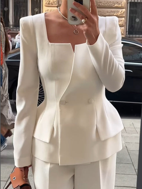 Two-Button Square Collar Blazer - Solid Color Tailored Jacket
