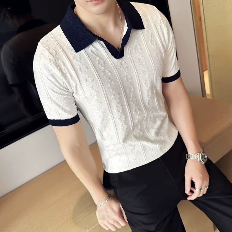 Men's Jacquard Lapel Polo | Contrast Color Slim Fit