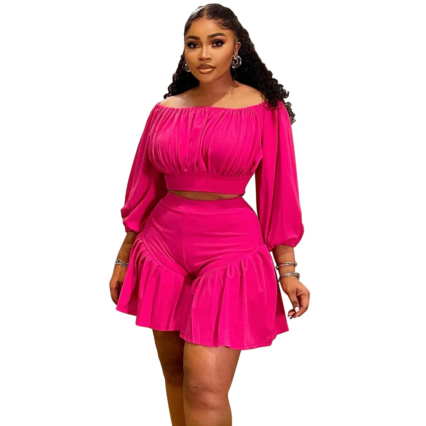 Plus-Size Off-Shoulder Pleated Two-Piece Set | 8 Colors