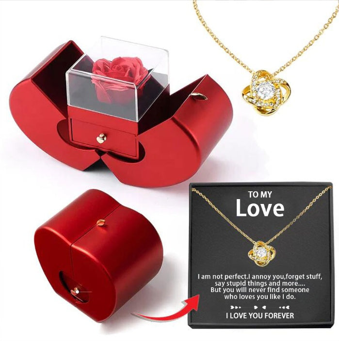 Red Apple Rose Jewelry Box - Eternal Flower Necklace Gift Set