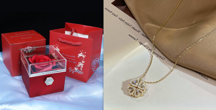 Magnetic Folding Heart Locket Necklace - Four Leaf Clover Openable