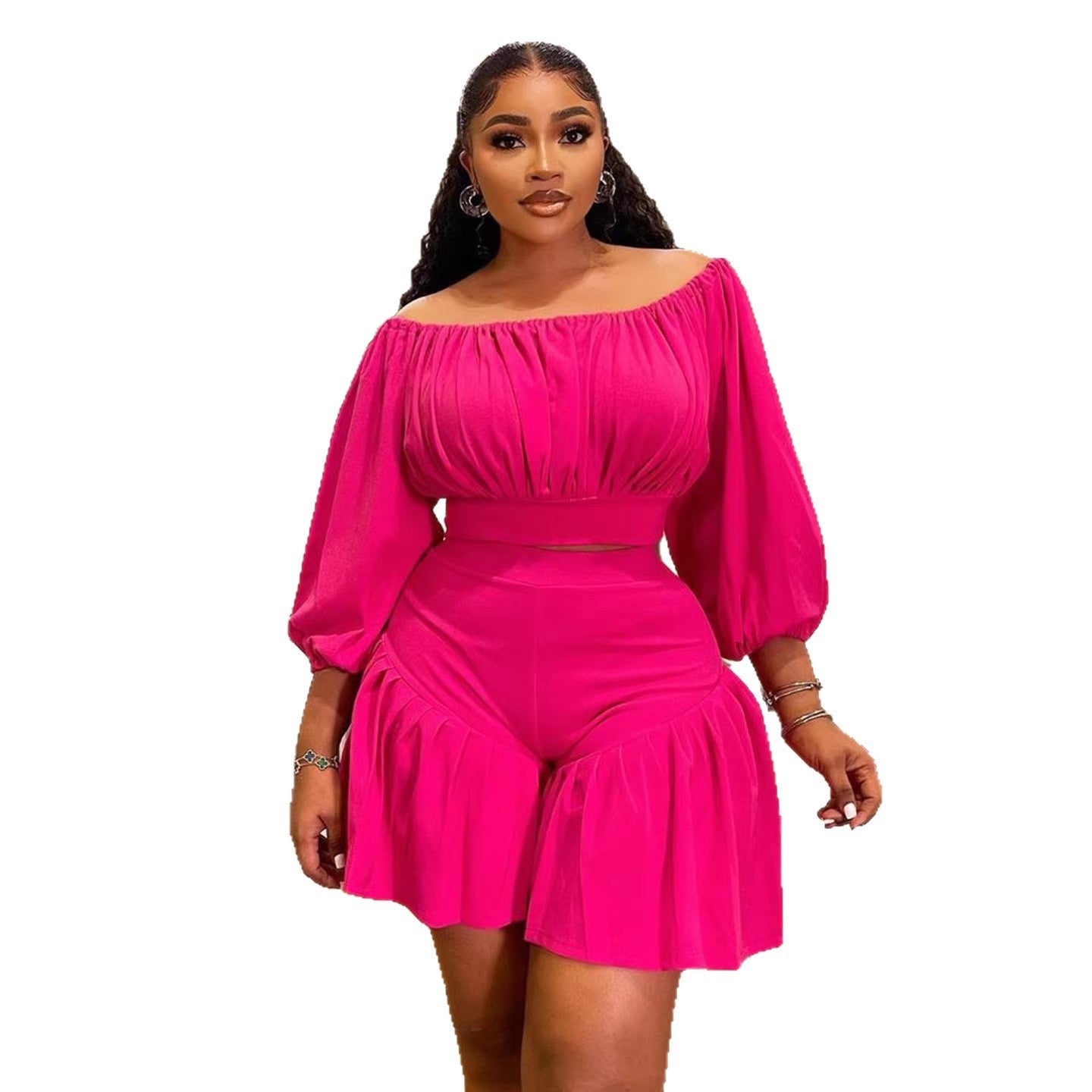 Plus-Size Off-Shoulder Pleated Two-Piece Set | 8 Colors