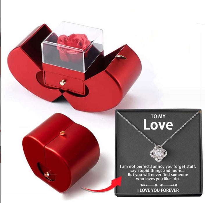 Red Apple Rose Jewelry Box - Eternal Flower Necklace Gift Set