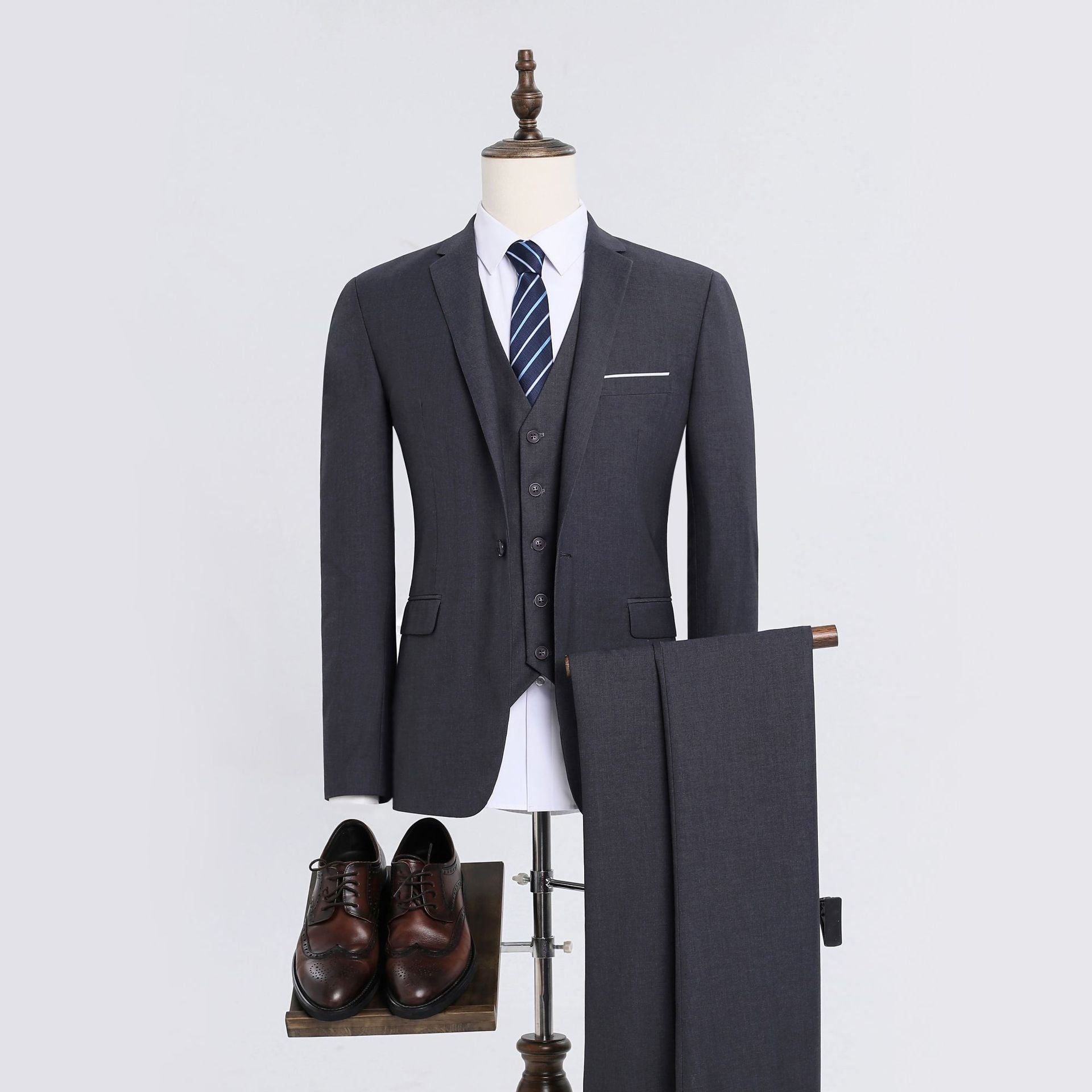 Men's Korean-Style Slim Fit Three-Piece Suit – Acetate Blend Gray 1-Button Suit Vest Trousers 6XL