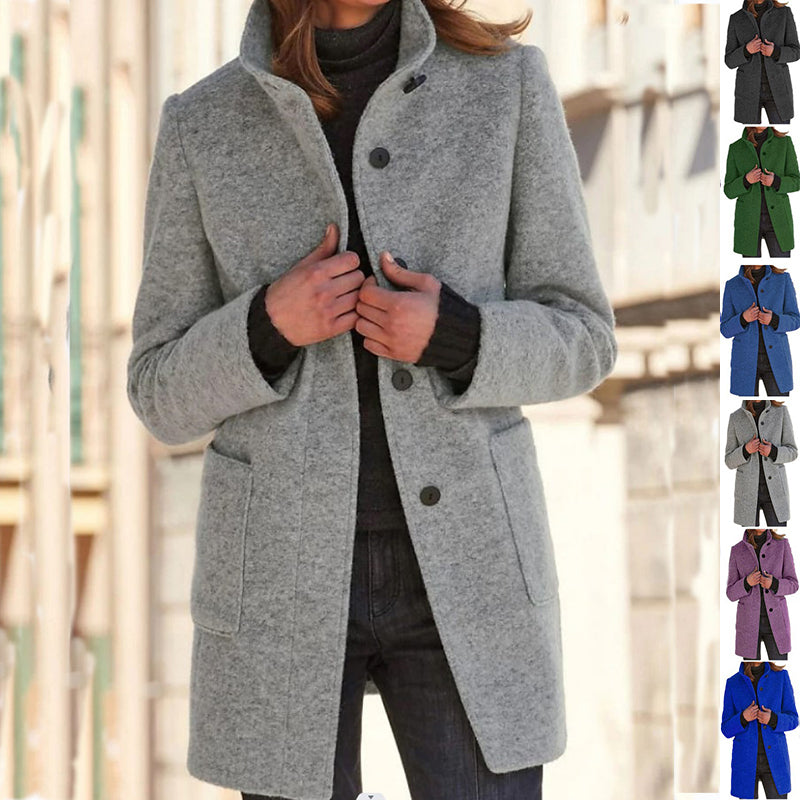 Women's Stand Collar Woolen Coat with Pockets