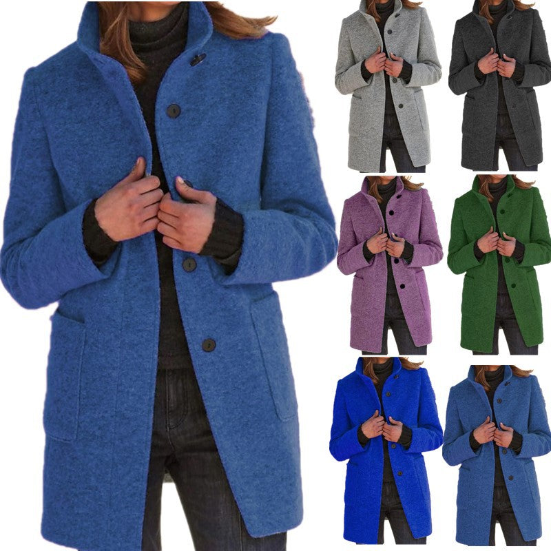 Women's Stand Collar Woolen Coat with Pockets